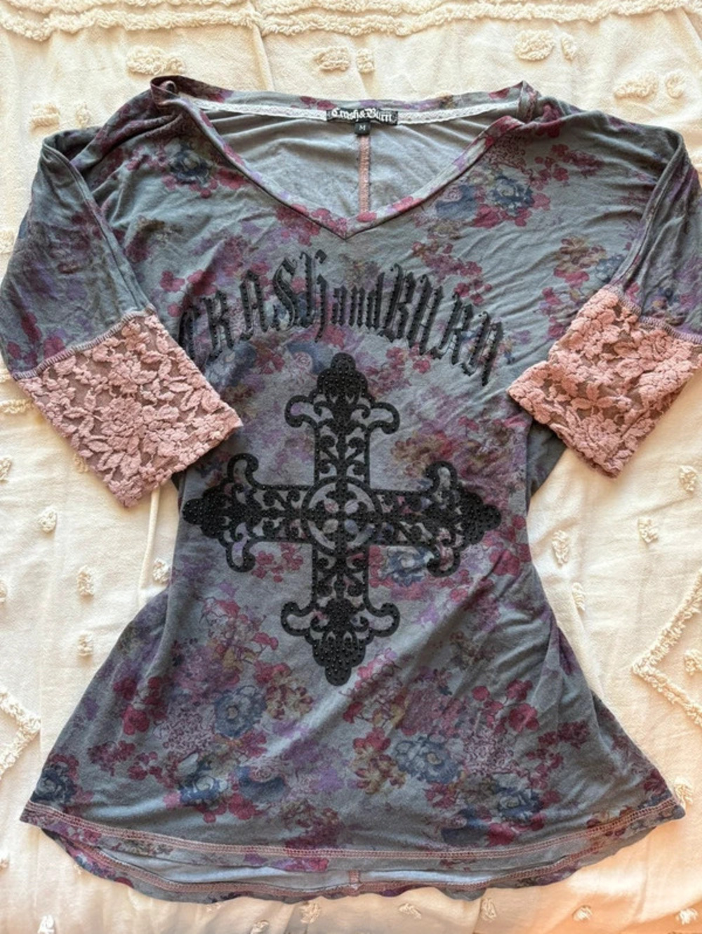 Crash & Burn Floral Cross Rhinestone Lace Sleeve Top Size M Y2K Grunge